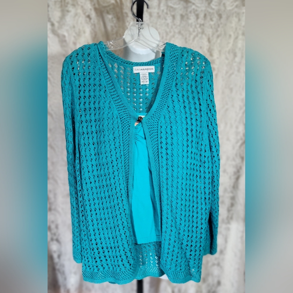 Sag Harbor Blue Cardigan Chunky Knit Open Front NWOT
